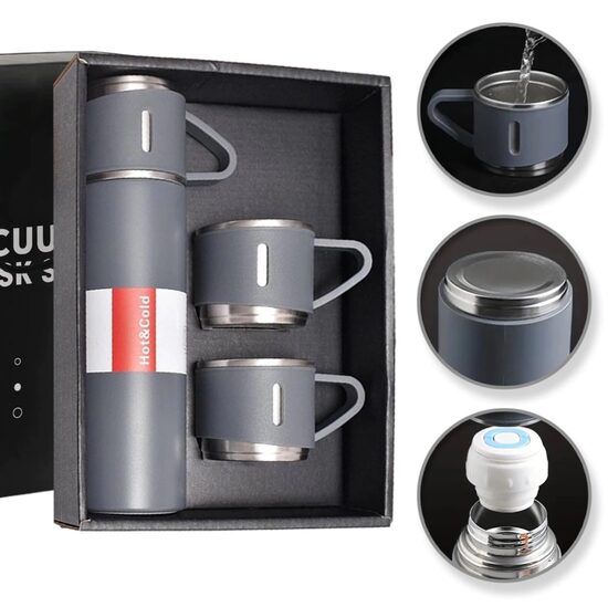 Термос подарочный набор с 3 чашками, серый